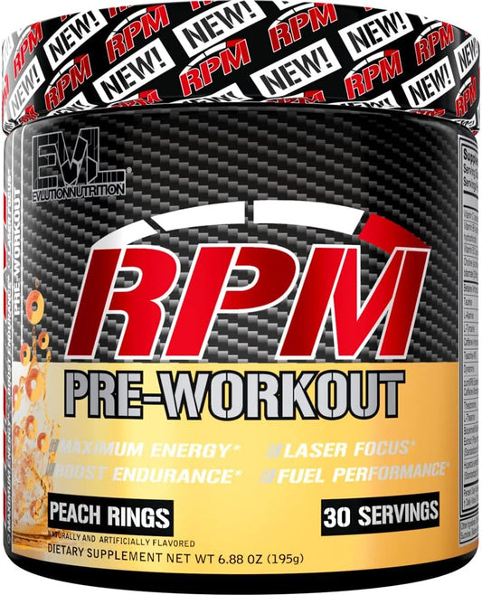 EVL RPM Energy Pre Workout Drink Powder - Peach Rings Flavor with Betaine, Alanine, Caffeine, Theacrine for Enhanced Performance