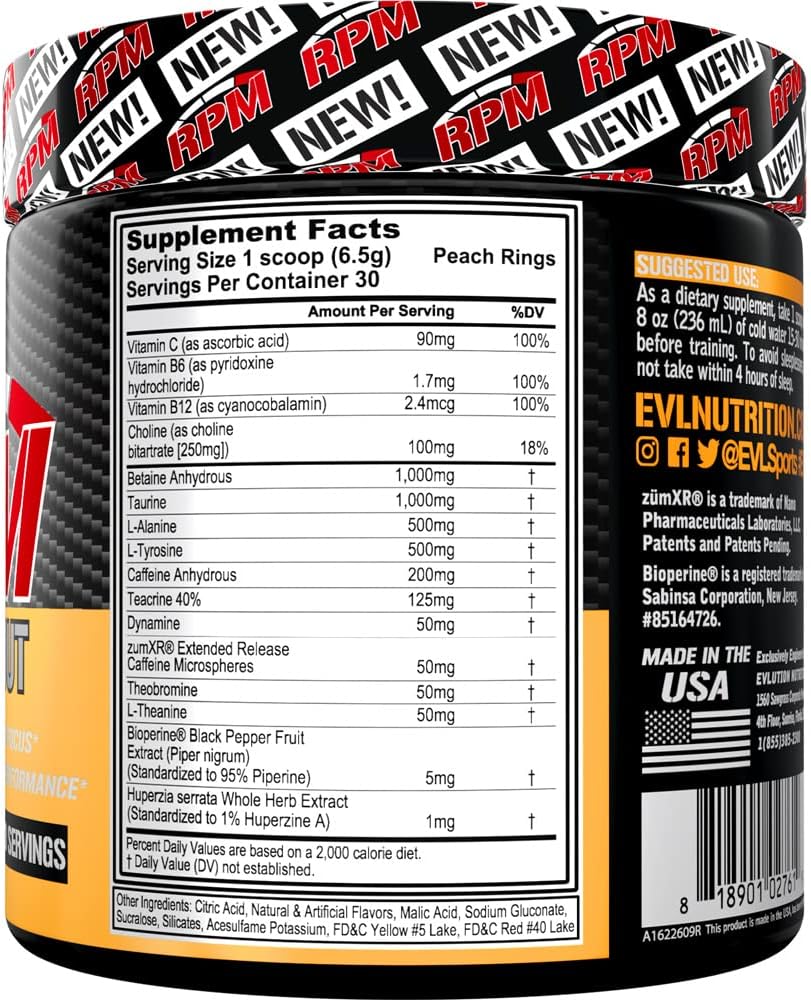 EVL RPM Energy Pre Workout Drink Powder - Peach Rings Flavor with Betaine, Alanine, Caffeine, Theacrine for Enhanced Performance