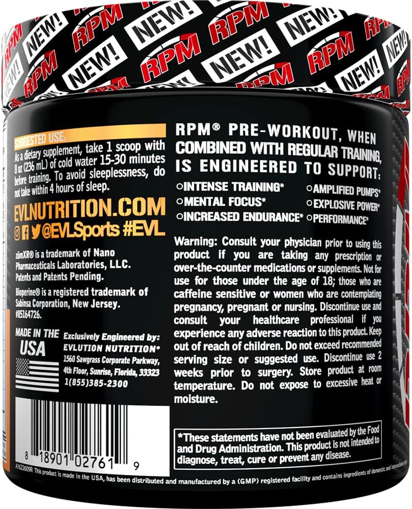 EVL RPM Energy Pre Workout Drink Powder - Peach Rings Flavor with Betaine, Alanine, Caffeine, Theacrine for Enhanced Performance