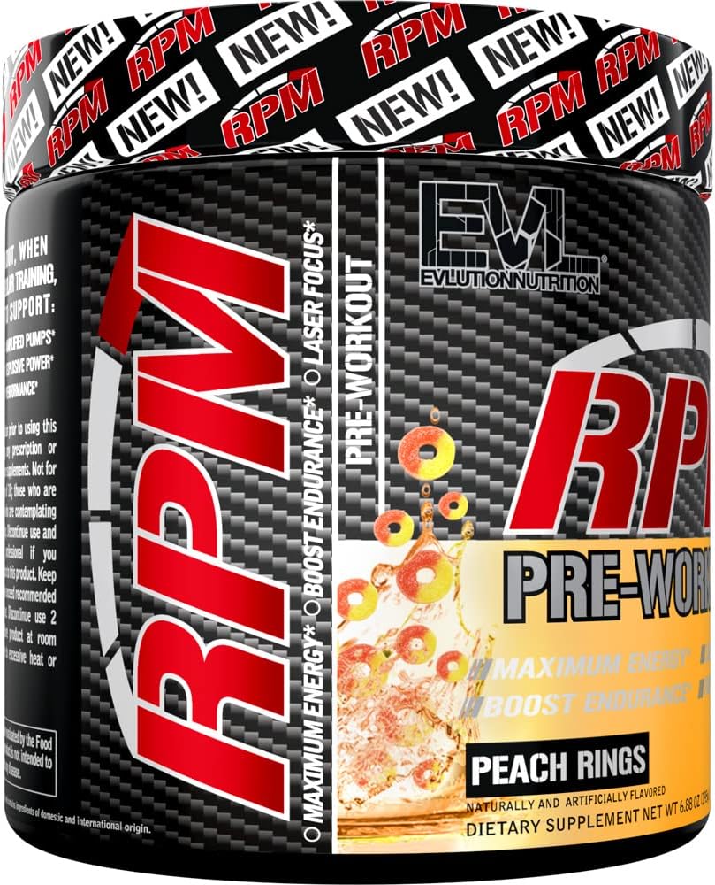 EVL RPM Energy Pre Workout Drink Powder - Peach Rings Flavor with Betaine, Alanine, Caffeine, Theacrine for Enhanced Performance