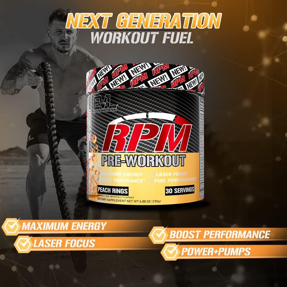 EVL RPM Energy Pre Workout Drink Powder - Peach Rings Flavor with Betaine, Alanine, Caffeine, Theacrine for Enhanced Performance