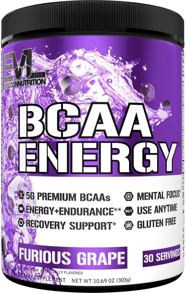 Evlution EVL BCAAs Amino Acids Powder - BCAA Energy Pre Workout Powder for Muscle Recovery and Growth - Post Workout Recovery Drink with Natural Caffeine - Furious Grape Flavor - BoostGo Australia