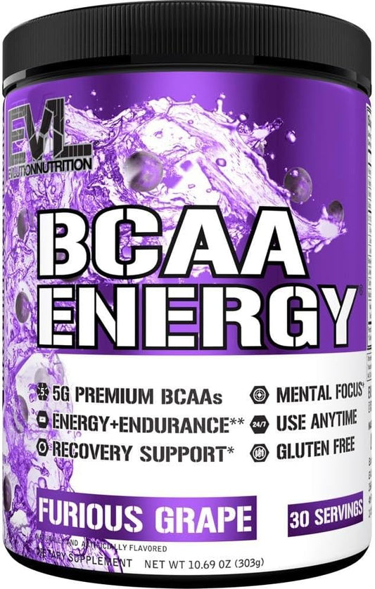 Evlution EVL BCAAs Amino Acids Powder - BCAA Energy Pre Workout Powder for Muscle Recovery and Growth - Post Workout Recovery Drink with Natural Caffeine - Furious Grape Flavor - BoostGo Australia