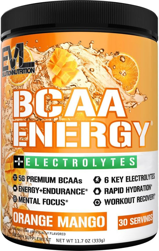 Evlution EVL BCAAs Amino Acids Powder - Energizing BCAA Pre Workout Drink for Lean Muscle Recovery and Endurance - Hydrating Electrolyte Post Workout Supplement - Orange Mango Flavor