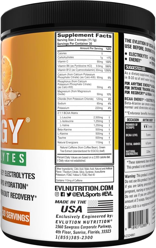 Evlution EVL BCAAs Amino Acids Powder - Energizing BCAA Pre Workout Drink for Lean Muscle Recovery and Endurance - Hydrating Electrolyte Post Workout Supplement - Orange Mango Flavor