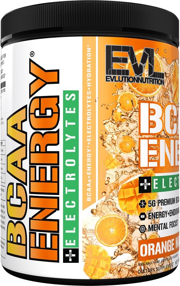 Evlution EVL BCAAs Amino Acids Powder - Energizing BCAA Pre Workout Drink for Lean Muscle Recovery and Endurance - Hydrating Electrolyte Post Workout Supplement - Orange Mango Flavor