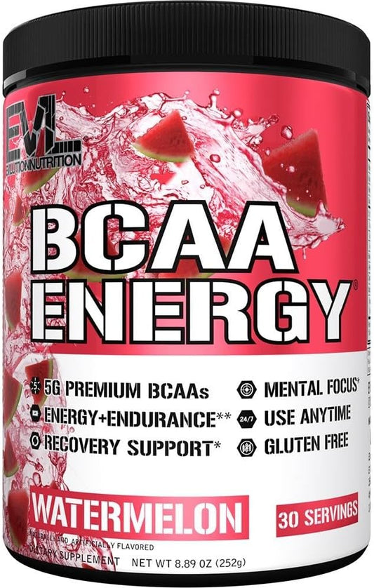 Evlution EVL BCAAs Amino Acids Powder - Energy-Boosting Muscle Recovery Drink with Natural Caffeine - Watermelon Flavor