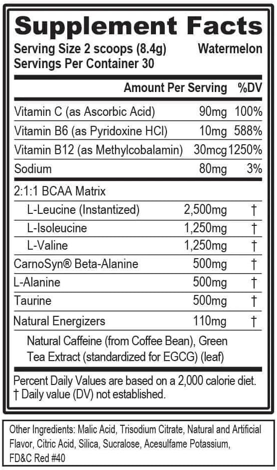 Evlution EVL BCAAs Amino Acids Powder - Energy-Boosting Muscle Recovery Drink with Natural Caffeine - Watermelon Flavor