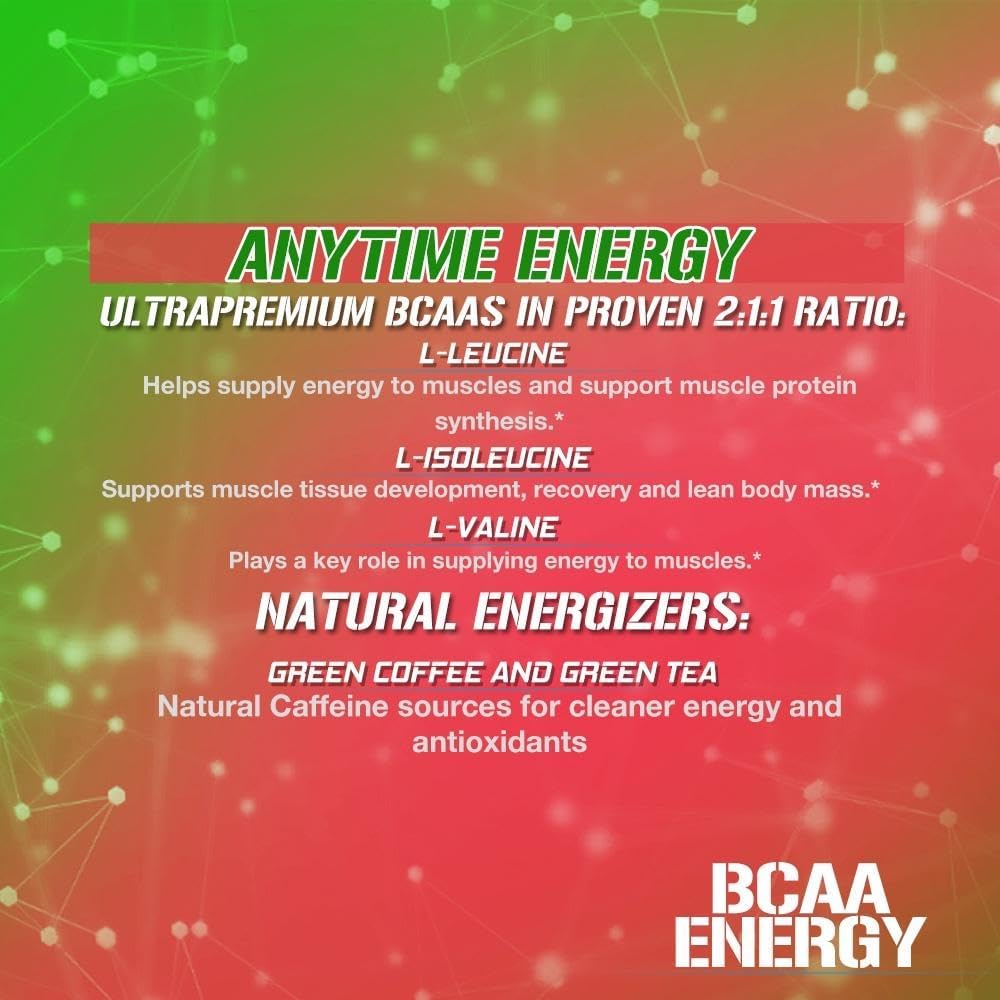 Evlution EVL BCAAs Amino Acids Powder - Energy-Boosting Muscle Recovery Drink with Natural Caffeine - Watermelon Flavor