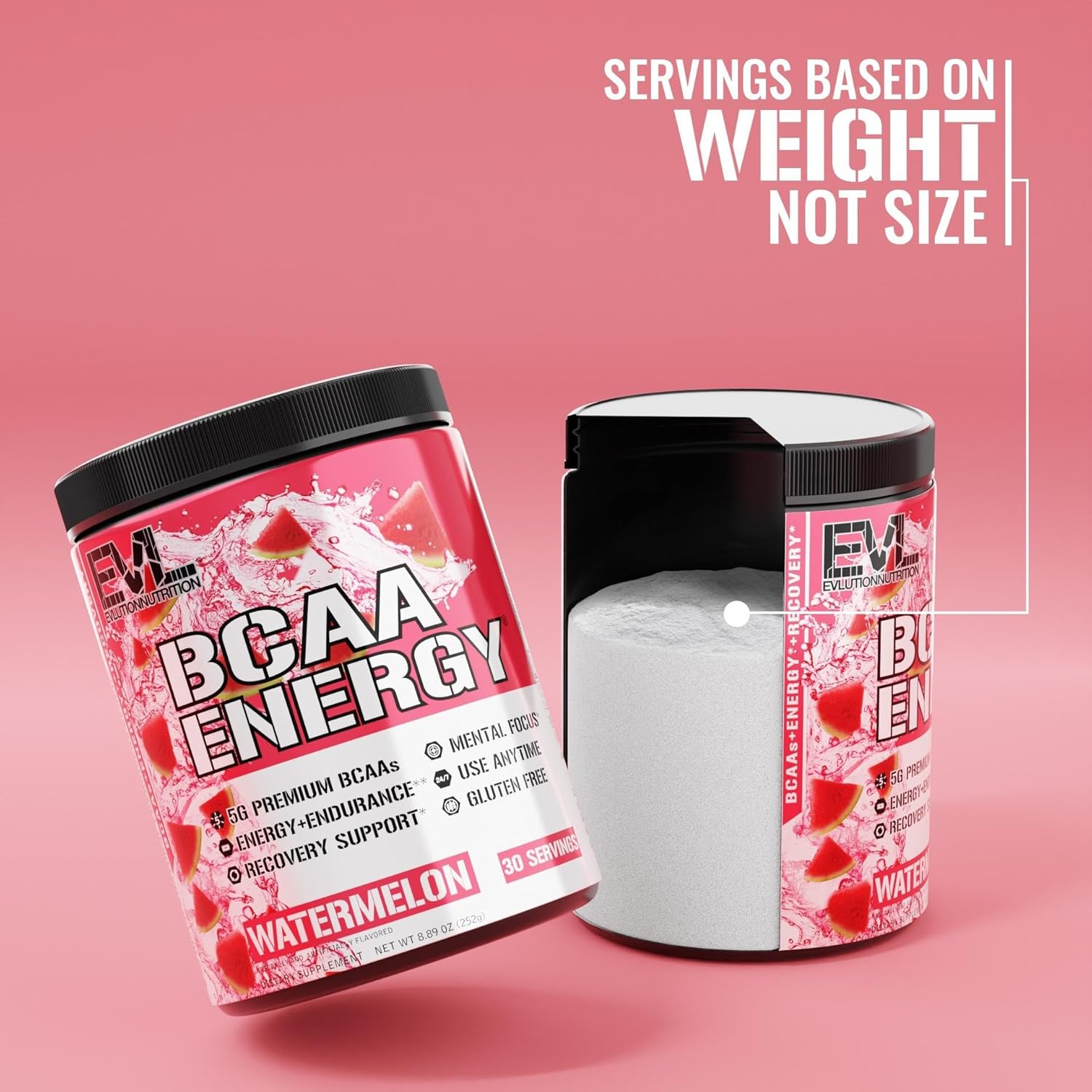Evlution EVL BCAAs Amino Acids Powder - Energy-Boosting Muscle Recovery Drink with Natural Caffeine - Watermelon Flavor