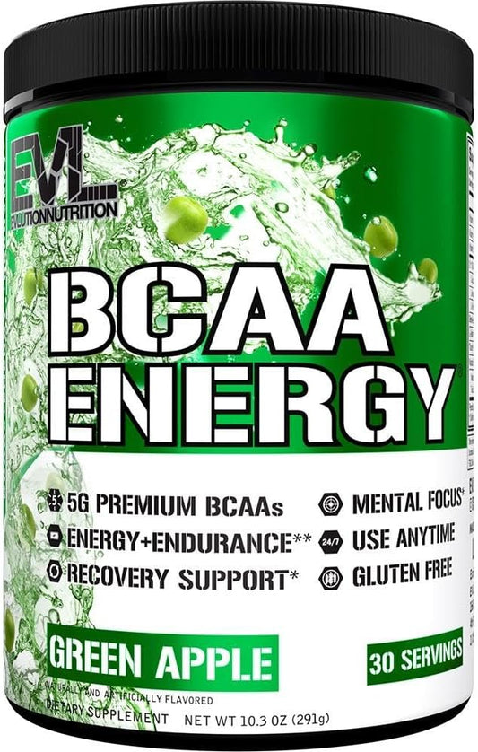 Evlution EVL BCAAs Amino Acids Powder - Green Apple Flavor for Post Workout Recovery and Pre Workout Energy Boost - Natural Caffeine for Muscle Growth and Endurance