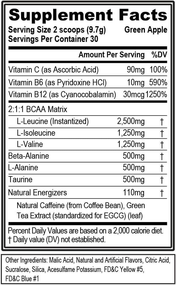 Evlution EVL BCAAs Amino Acids Powder - Green Apple Flavor for Post Workout Recovery and Pre Workout Energy Boost - Natural Caffeine for Muscle Growth and Endurance
