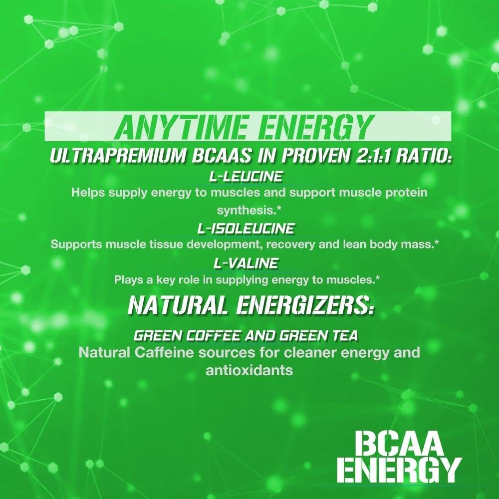 Evlution EVL BCAAs Amino Acids Powder - Green Apple Flavor for Post Workout Recovery and Pre Workout Energy Boost - Natural Caffeine for Muscle Growth and Endurance
