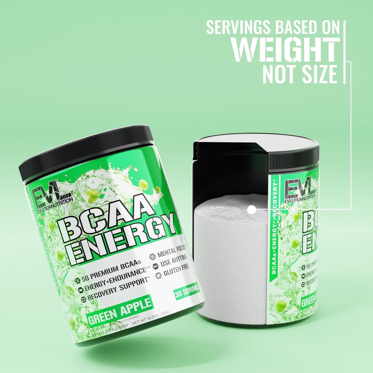 Evlution EVL BCAAs Amino Acids Powder - Green Apple Flavor for Post Workout Recovery and Pre Workout Energy Boost - Natural Caffeine for Muscle Growth and Endurance