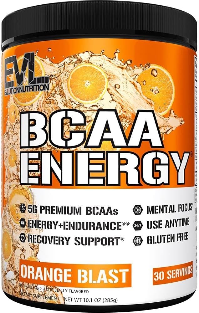 Evlution EVL BCAAs Amino Acids Powder - Orange Blast Flavor for Muscle Recovery and Endurance with Natural Caffeine