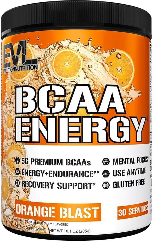 Evlution EVL BCAAs Amino Acids Powder - Orange Blast Flavor for Muscle Recovery and Endurance with Natural Caffeine