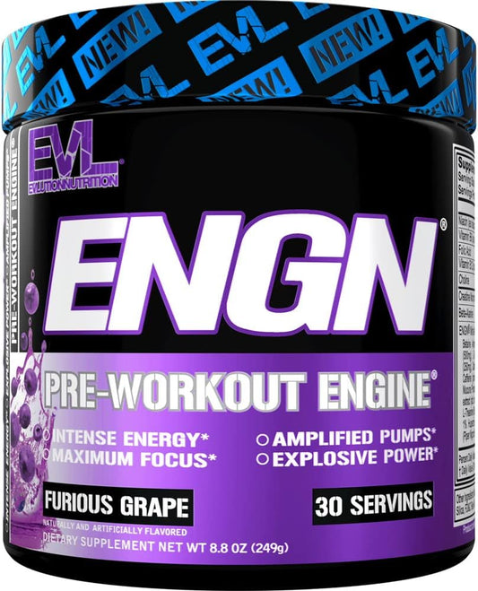 Evlution EVL Intense Pre Workout Powder - ENGN Energizing Drink for Men with Creatine, Beta Alanine, Caffeine, L Theanine - Furious Grape Flavor for Energy and Focus