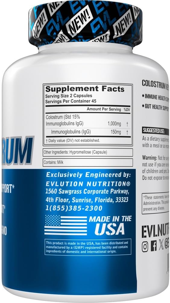 Evlution Nutrition Colostrum Supplement 1000mg - Immune & Gut Health Support - Gluten Free, Non-GMO - 90 Veggie Capsules