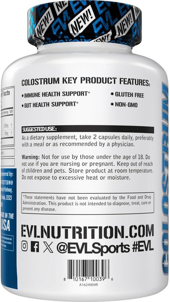 Evlution Nutrition Colostrum Supplement 1000mg - Immune & Gut Health Support - Gluten Free, Non-GMO - 90 Veggie Capsules