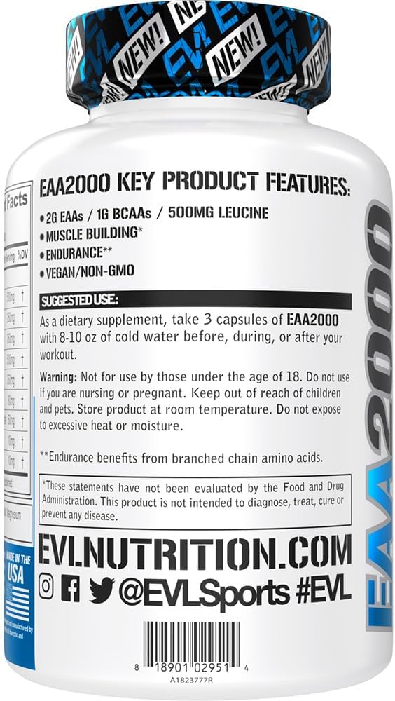 Evlution Nutrition EAA2000 Capsules: Muscle Building + Recovery Supplement - 2g EAAs + 1g BCAAs - Endurance + Energy - 30 Servings