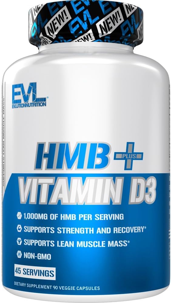Evlution Nutrition HMB and Vitamin D3 Dietary Supplement - Supports Muscle Strength and Lean Muscle Mass - Workout Recovery - 1000mg HMB Per Serving - Non-GMO - 45 Servings - 90 Veggie Capsules