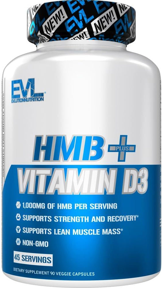 Evlution Nutrition HMB and Vitamin D3 Dietary Supplement - Supports Muscle Strength and Lean Muscle Mass - Workout Recovery - 1000mg HMB Per Serving - Non-GMO - 45 Servings - 90 Veggie Capsules