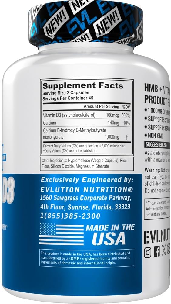 Evlution Nutrition HMB and Vitamin D3 Dietary Supplement - Supports Muscle Strength and Lean Muscle Mass - Workout Recovery - 1000mg HMB Per Serving - Non-GMO - 45 Servings - 90 Veggie Capsules