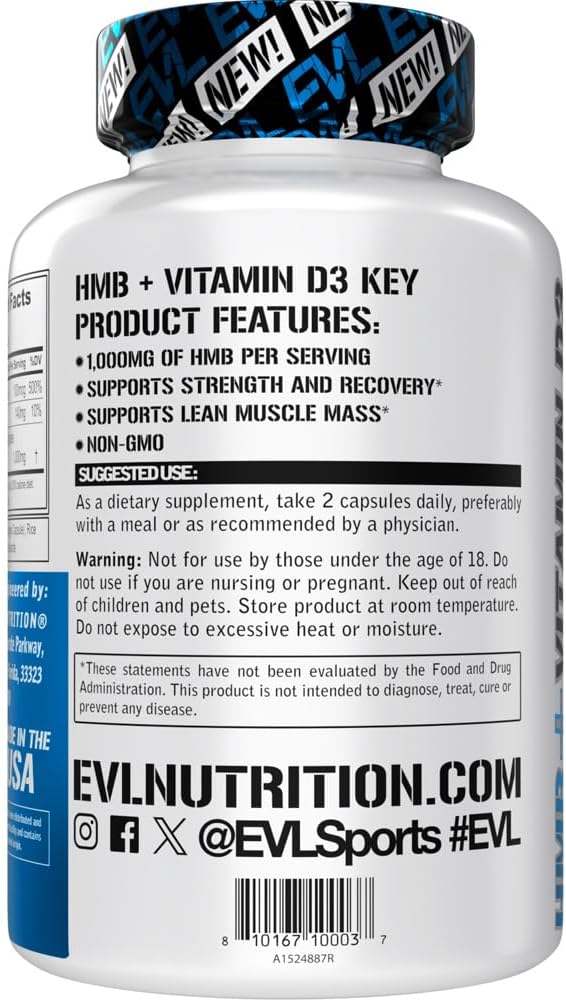Evlution Nutrition HMB and Vitamin D3 Dietary Supplement - Supports Muscle Strength and Lean Muscle Mass - Workout Recovery - 1000mg HMB Per Serving - Non-GMO - 45 Servings - 90 Veggie Capsules