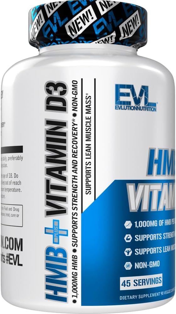 Evlution Nutrition HMB and Vitamin D3 Dietary Supplement - Supports Muscle Strength and Lean Muscle Mass - Workout Recovery - 1000mg HMB Per Serving - Non-GMO - 45 Servings - 90 Veggie Capsules
