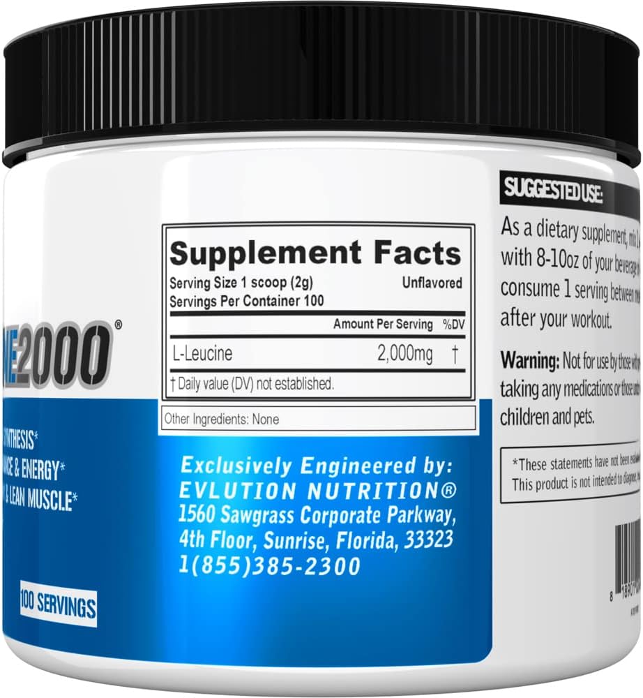 Evlution Nutrition L-Leucine Powder - 2000mg for Muscle Support & Recovery - Vegan & Gluten Free - Unflavored Supplement (100 Servings)
