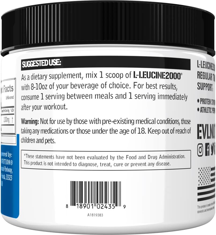 Evlution Nutrition L-Leucine Powder - 2000mg for Muscle Support & Recovery - Vegan & Gluten Free - Unflavored Supplement (100 Servings)