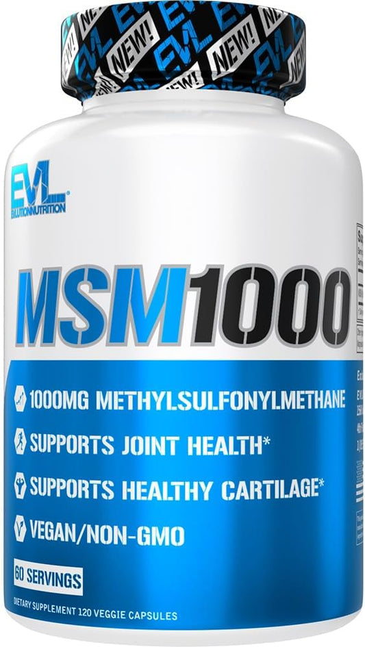 Evlution Nutrition MSM1000 Supplement for Joint Health Support - 1000mg MSM Capsules - Vegan & Non-GMO - 60 Servings