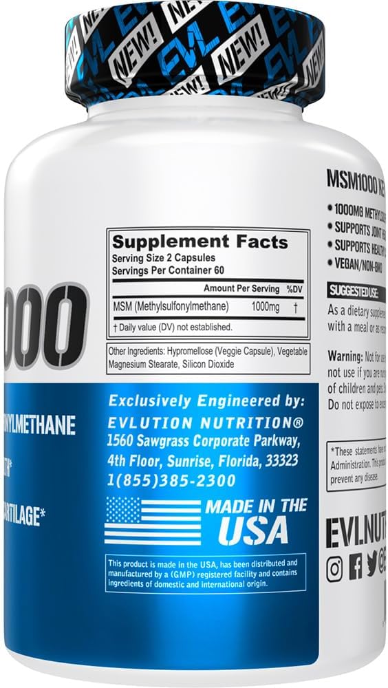 Evlution Nutrition MSM1000 Supplement for Joint Health Support - 1000mg MSM Capsules - Vegan & Non-GMO - 60 Servings