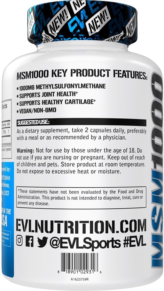 Evlution Nutrition MSM1000 Supplement for Joint Health Support - 1000mg MSM Capsules - Vegan & Non-GMO - 60 Servings
