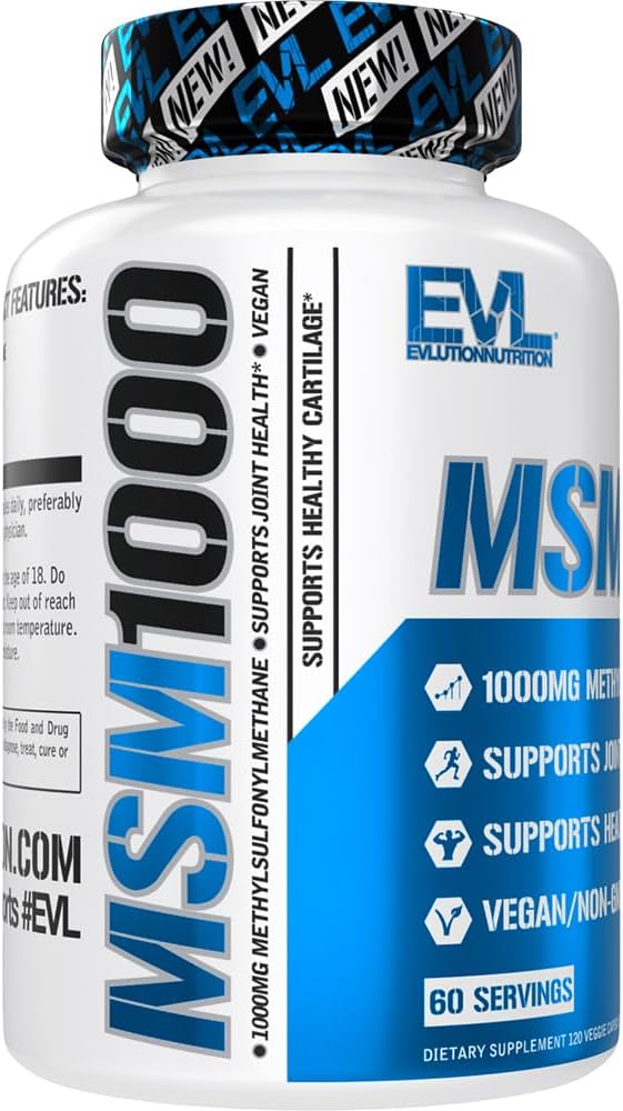 Evlution Nutrition MSM1000 Supplement for Joint Health Support - 1000mg MSM Capsules - Vegan & Non-GMO - 60 Servings