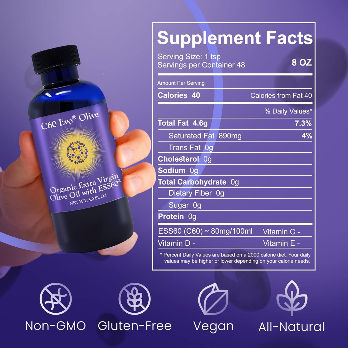 Evo Pure C60 ESS60 Olive Oil Supplement for Sleep, Energy, Antioxidants, Wellness - 8 oz