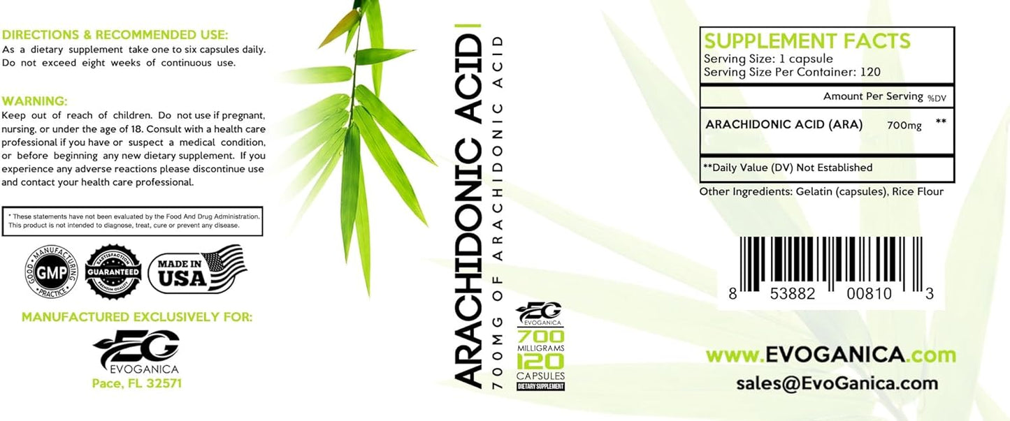 Evoganica Arachidonic Acid Supplement - 700mg Per Serving - 120 Servings - Maximum Strength Formula