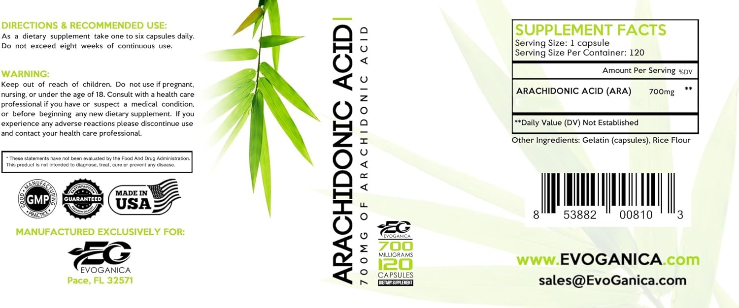 Evoganica Arachidonic Acid Supplement - 700mg Per Serving - 120 Servings - Maximum Strength Formula