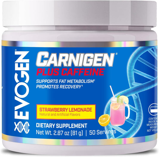 Evogen Carnigen Plus Caffeine - Strawberry Lemonade L Carnitine Powder for Fat Metabolism & Recovery - 50 Servings