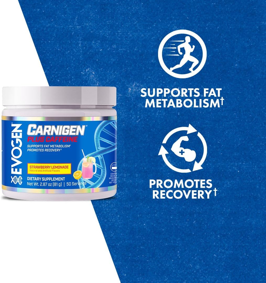 Evogen Carnigen Plus Caffeine - Strawberry Lemonade L Carnitine Powder for Fat Metabolism & Recovery - 50 Servings