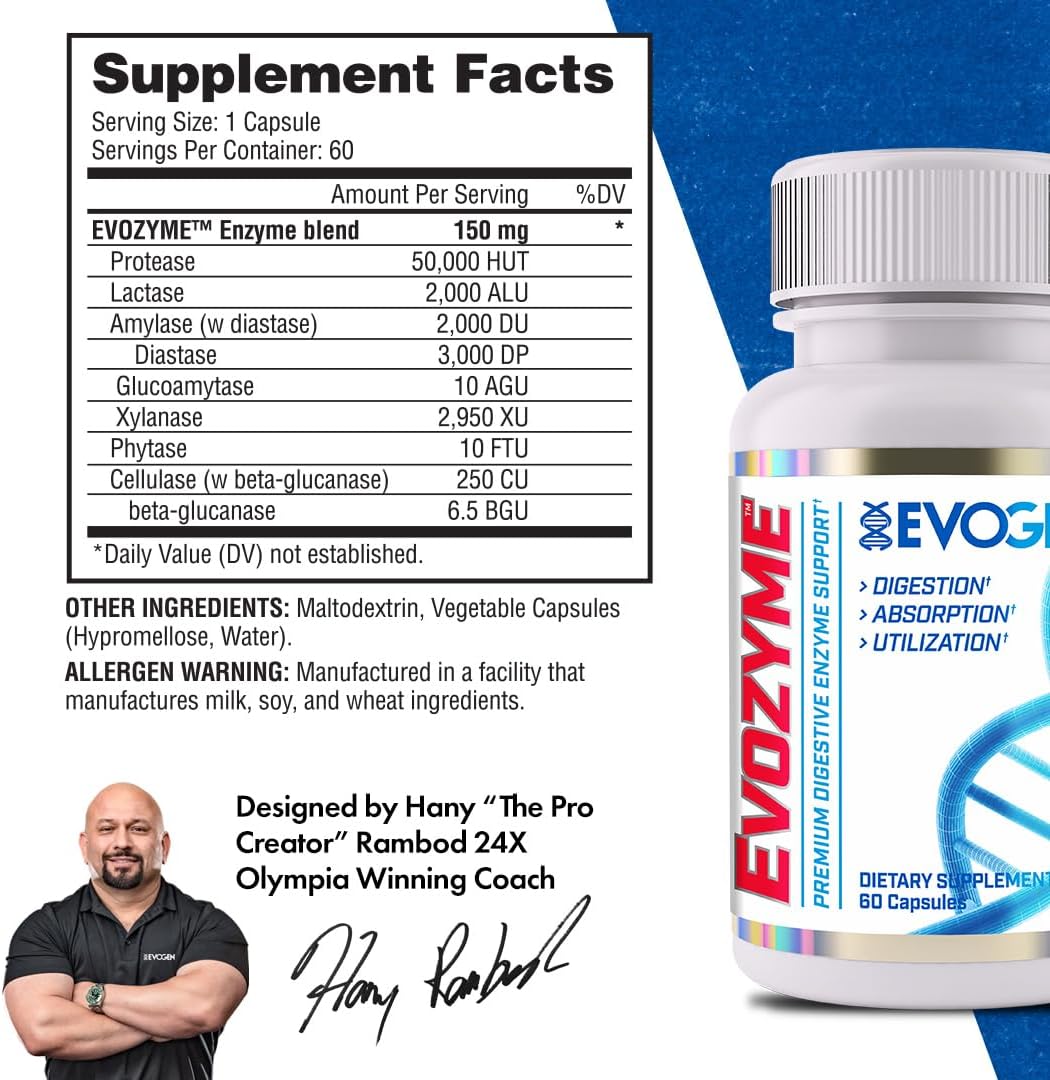 Evogen Evozyme - Digestive Enzymes Supplement for Enhanced Absorption & Nutrient Utilization - 60 Capsules