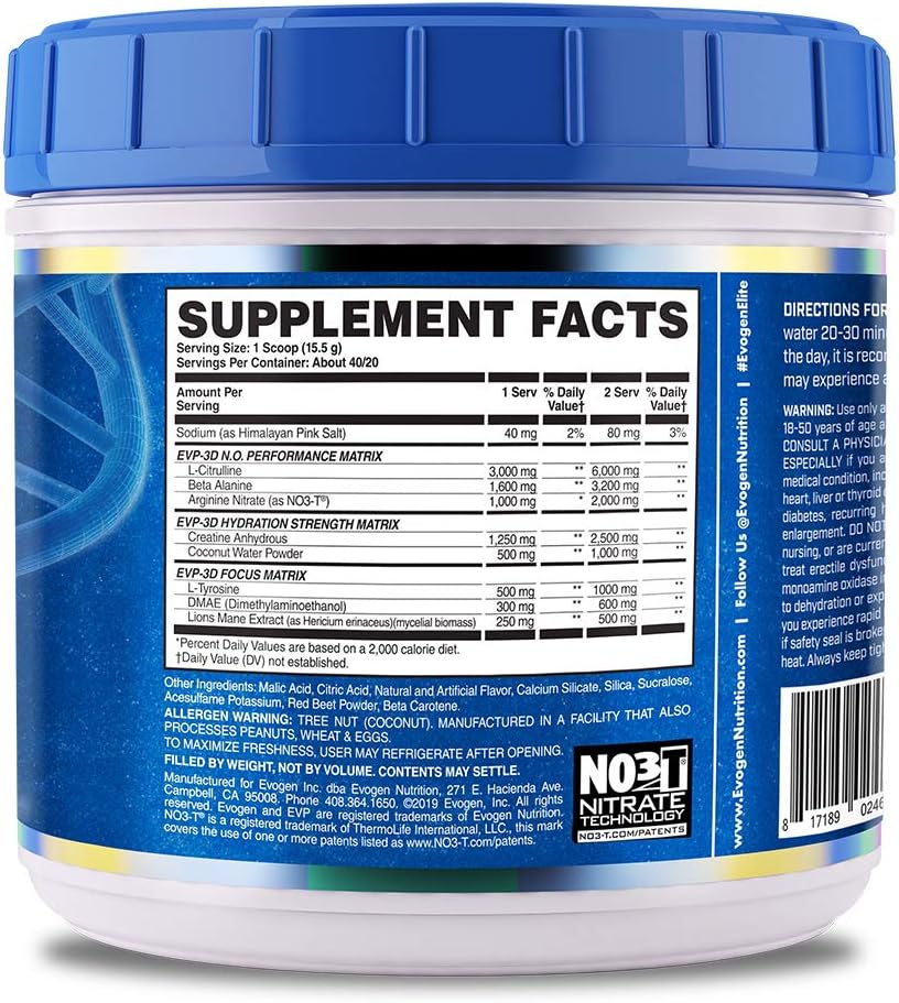 Evogen EVP-3D Peach Rings Pre-Workout Pump Ignitor with Arginine Nitrate, Citrulline, Beta-Alanine, and Lions Mane - 40 Servings