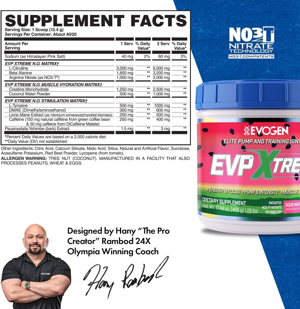 Evogen EVP Xtreme NO Pre Workout Powder - Sugar Free Preworkout with Beta Alanine, Creatine, and Caffeine - Sour Watermelon Flavor - 40 Servings