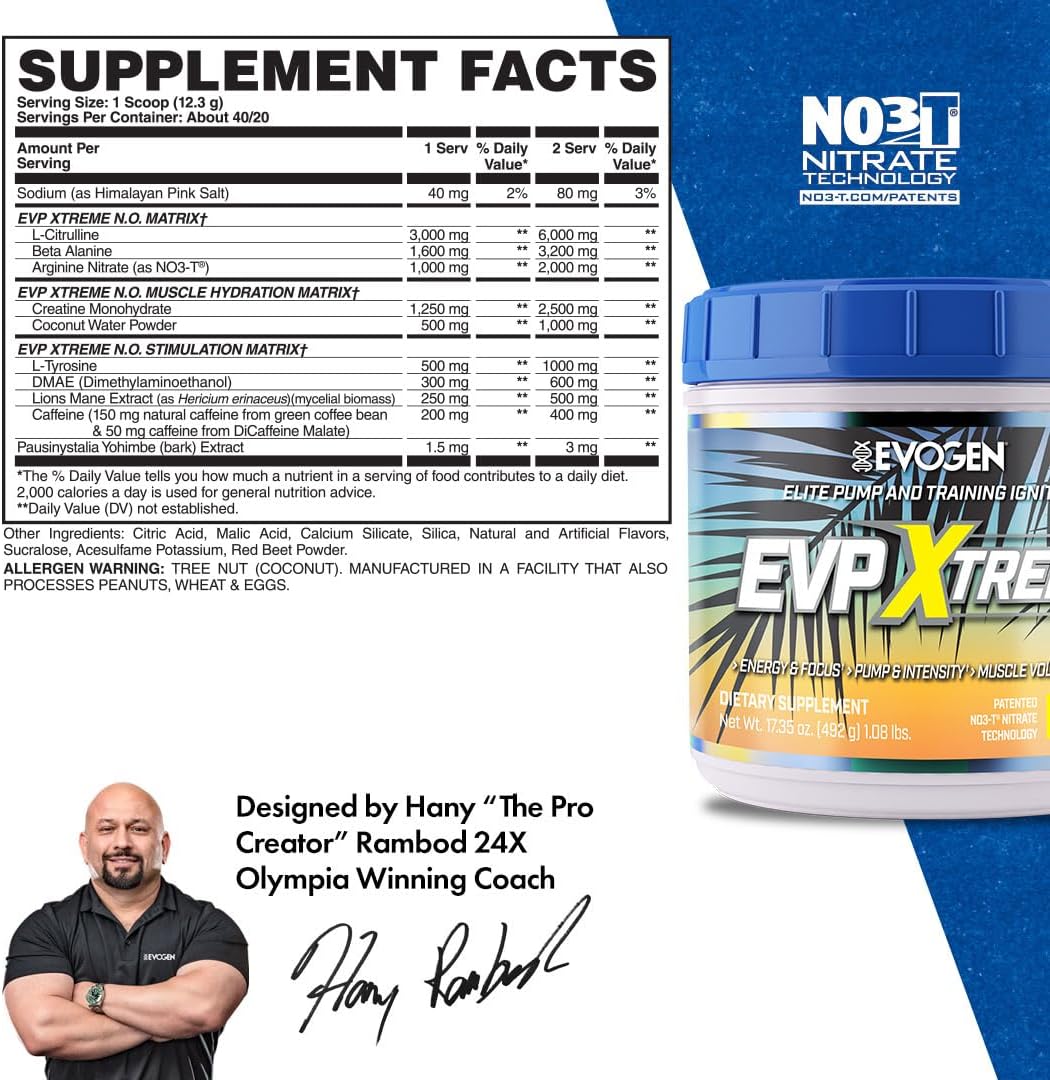 Evogen EVP Xtreme NO Tropic Thunder Pre Workout Powder - Sugar Free Energy Boost for Men & Women with Beta Alanine, Creatine, Caffeine - 40 Servings