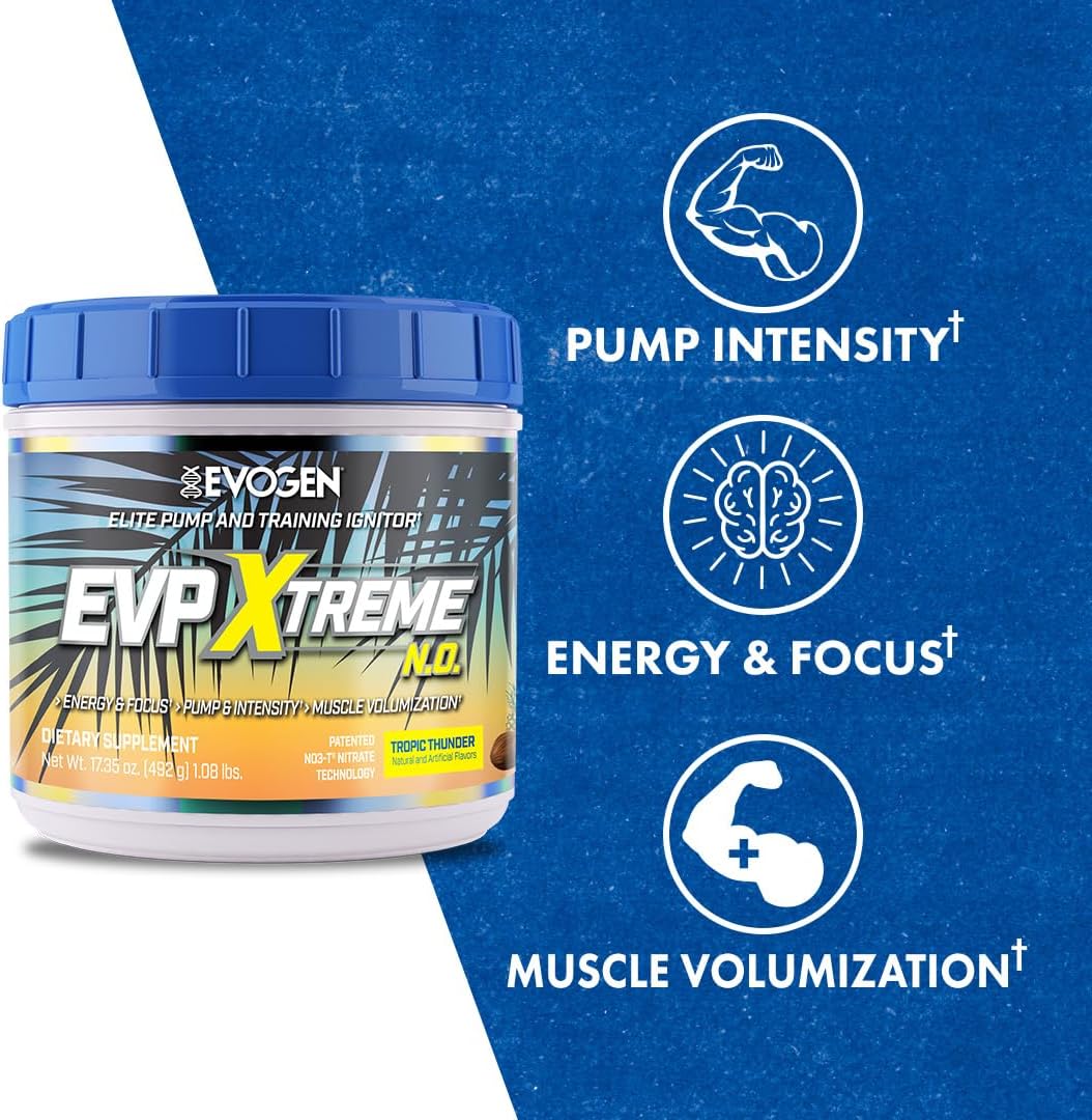 Evogen EVP Xtreme NO Tropic Thunder Pre Workout Powder - Sugar Free Energy Boost for Men & Women with Beta Alanine, Creatine, Caffeine - 40 Servings