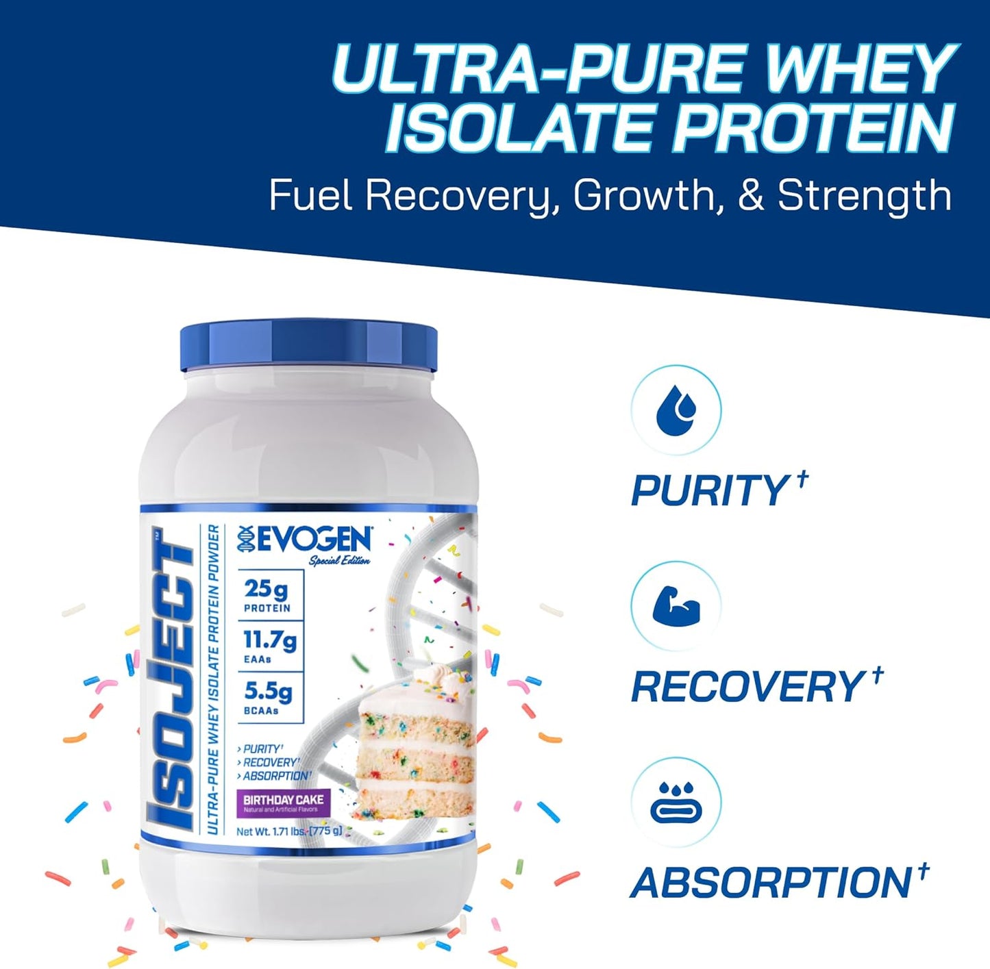 Evogen Isoject Birthday Cake Whey Protein Isolate Powder - 25 Servings, Enhanced Recovery & Absorption with BCAAs & EAAs
