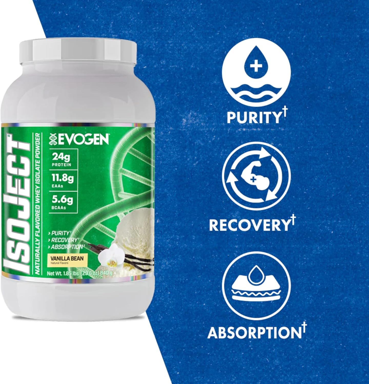 Evogen Isoject Naturals Vanilla Bean Whey Protein Isolate Powder - Enhanced Absorption & Recovery with Ignitor™ Enzymes, BCAAs, and EAAs - 28 Servings