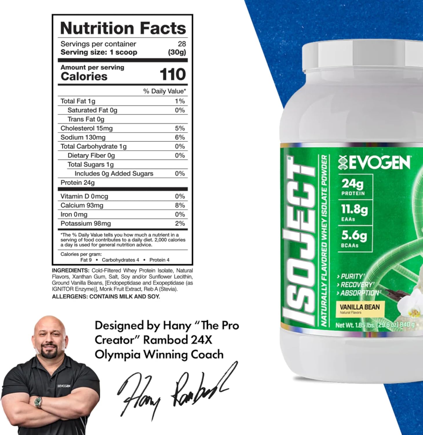 Evogen Isoject Naturals Vanilla Bean Whey Protein Isolate Powder - Enhanced Absorption & Recovery with Ignitor™ Enzymes, BCAAs, and EAAs - 28 Servings