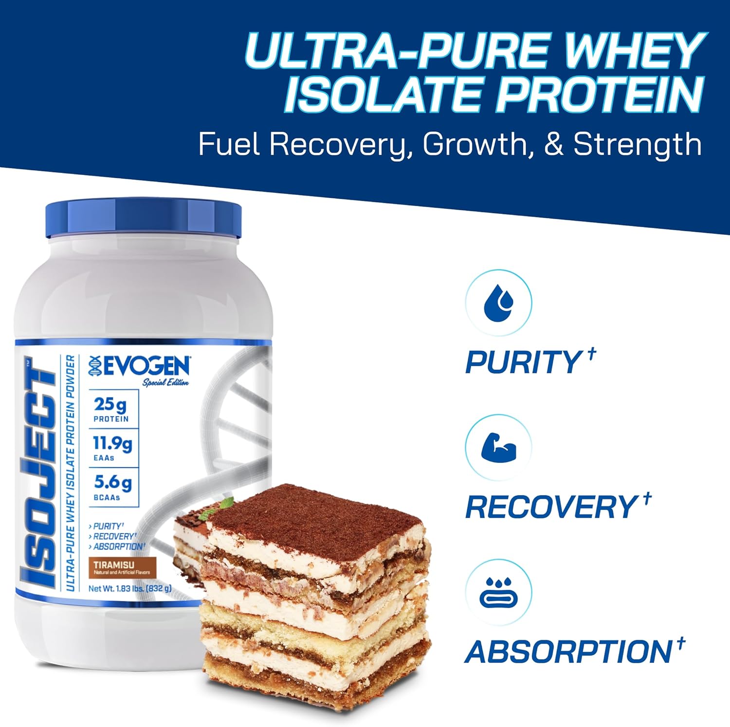 Evogen Isoject Tiramisu Whey Protein Isolate Powder - 25 Servings, Enhanced Recovery & Absorption with Ignitor Enzymes, BCAAs, and EAAs
