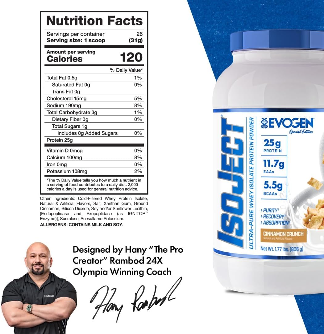 Evogen Isoject Whey Protein Isolate - Cinnamon Crunch Flavor with Enhanced Absorption - 26 Servings